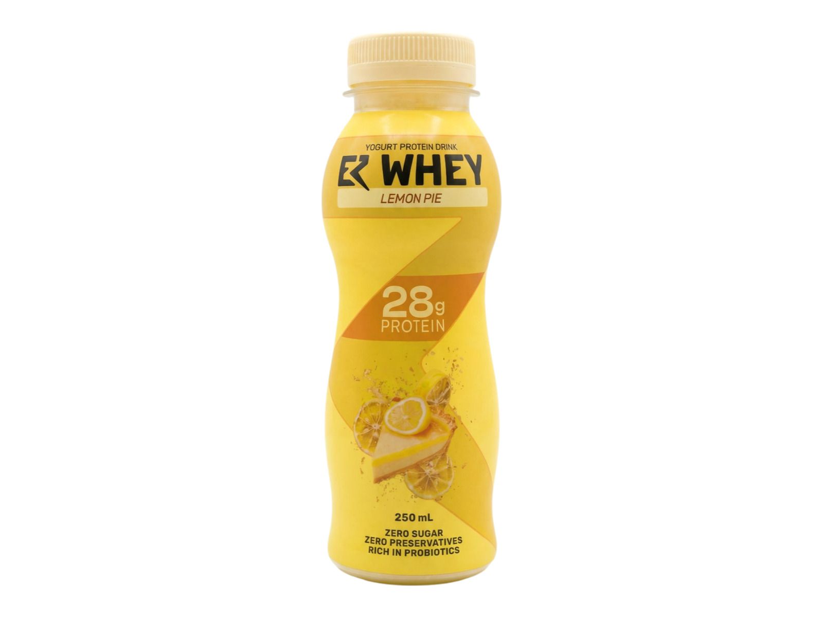 EZ Whey Lemon Pie yogurt protein drink bottle; the label reads 28 g protein