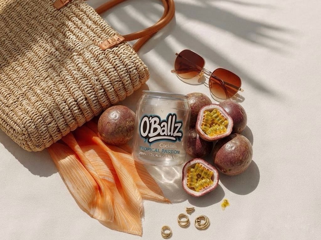 A clear can of O'Ballz Tropical Passion cocktail among passion fruit, a straw bag and sunglasses