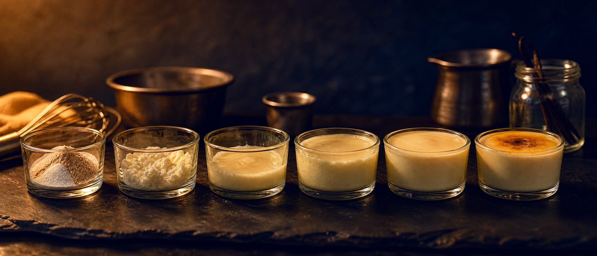 Generated image: Six glass dishes in a row on a dark bench, from dry powders to a finished set dessert: one product taking shape step by step.