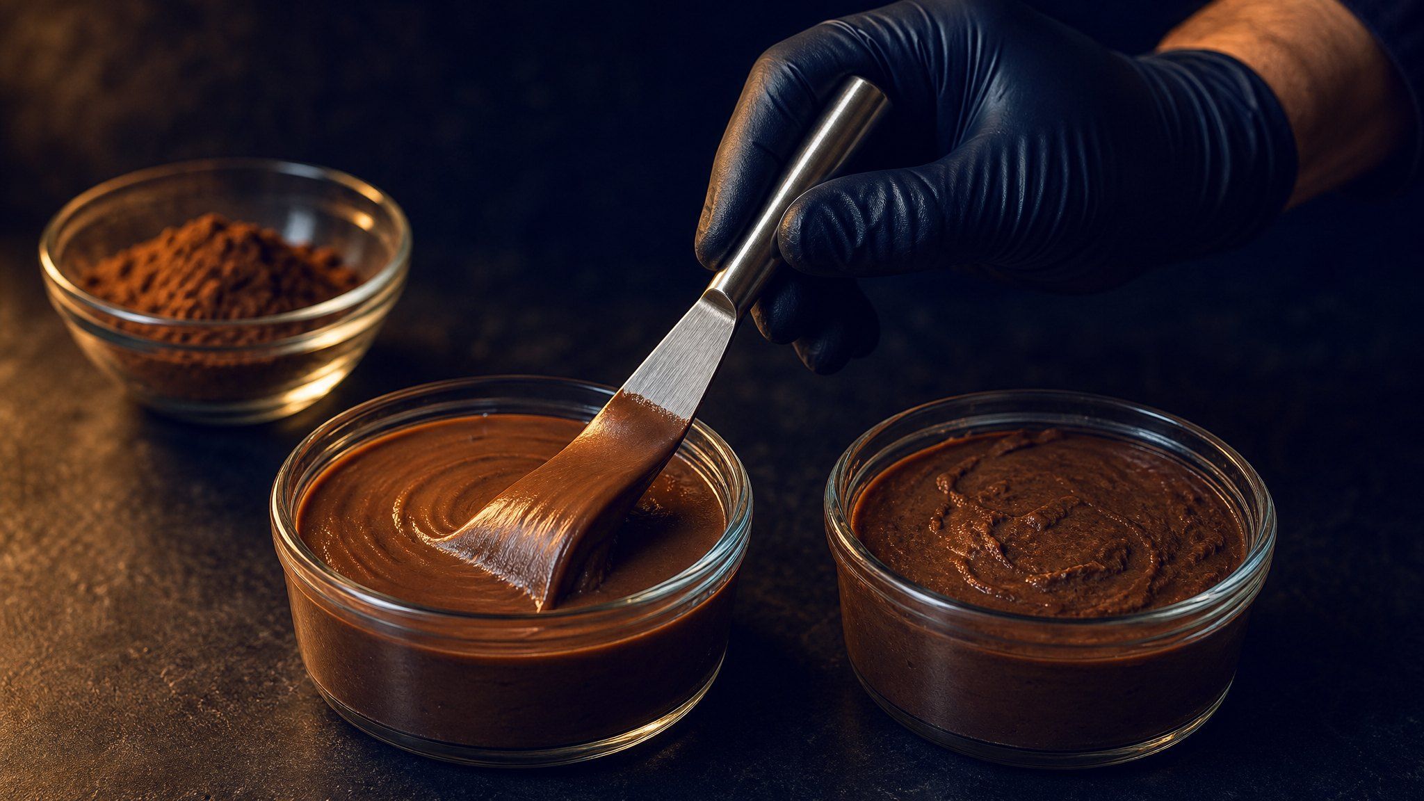 Generated image: A gloved hand lifts a silky ribbon of chocolate pudding on a steel spatula, next to a grainier version of the same pudding.