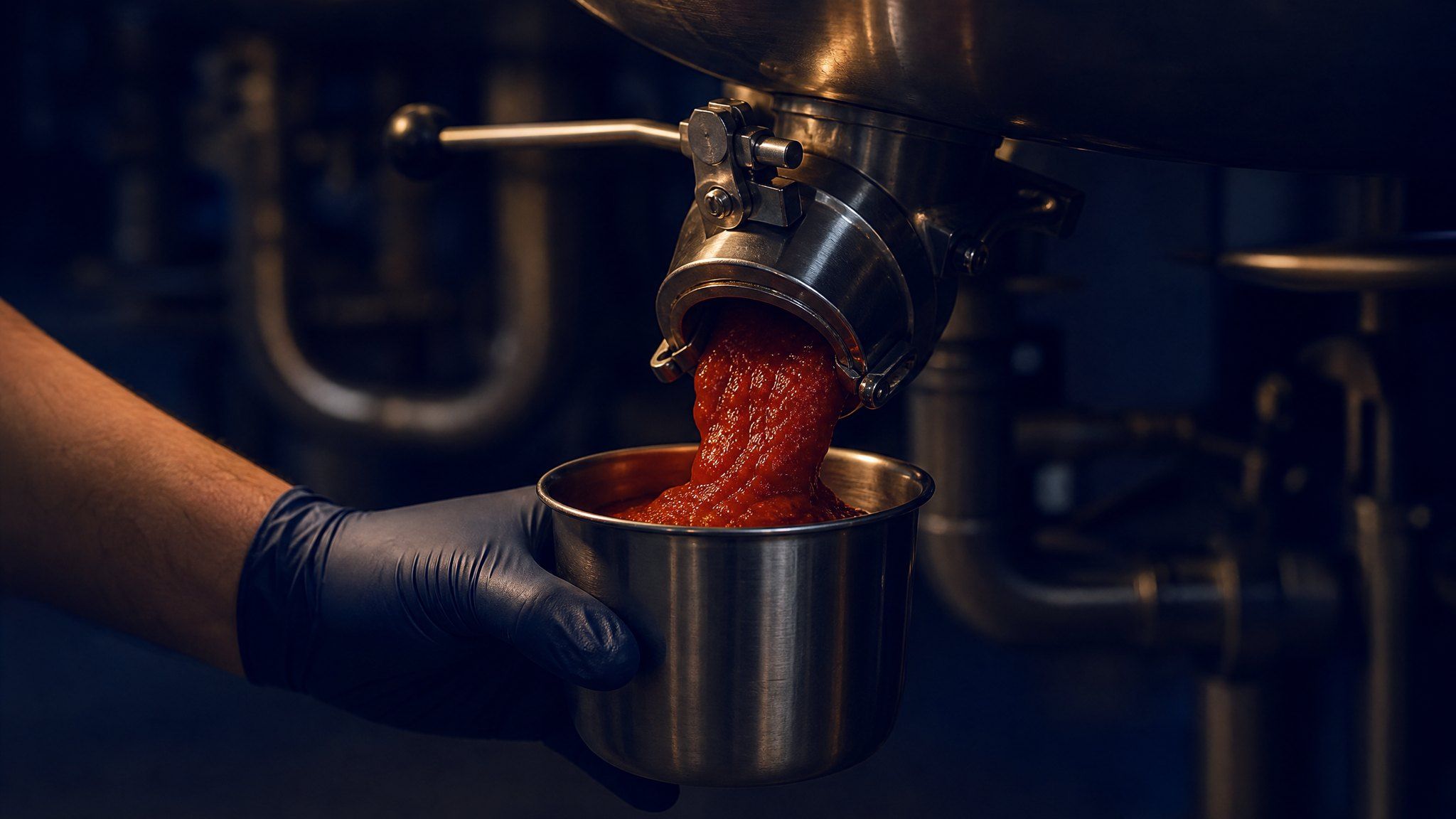 Generated image: A gloved hand catches a sample of thick tomato sauce from the valve of a stainless-steel mixing vessel.